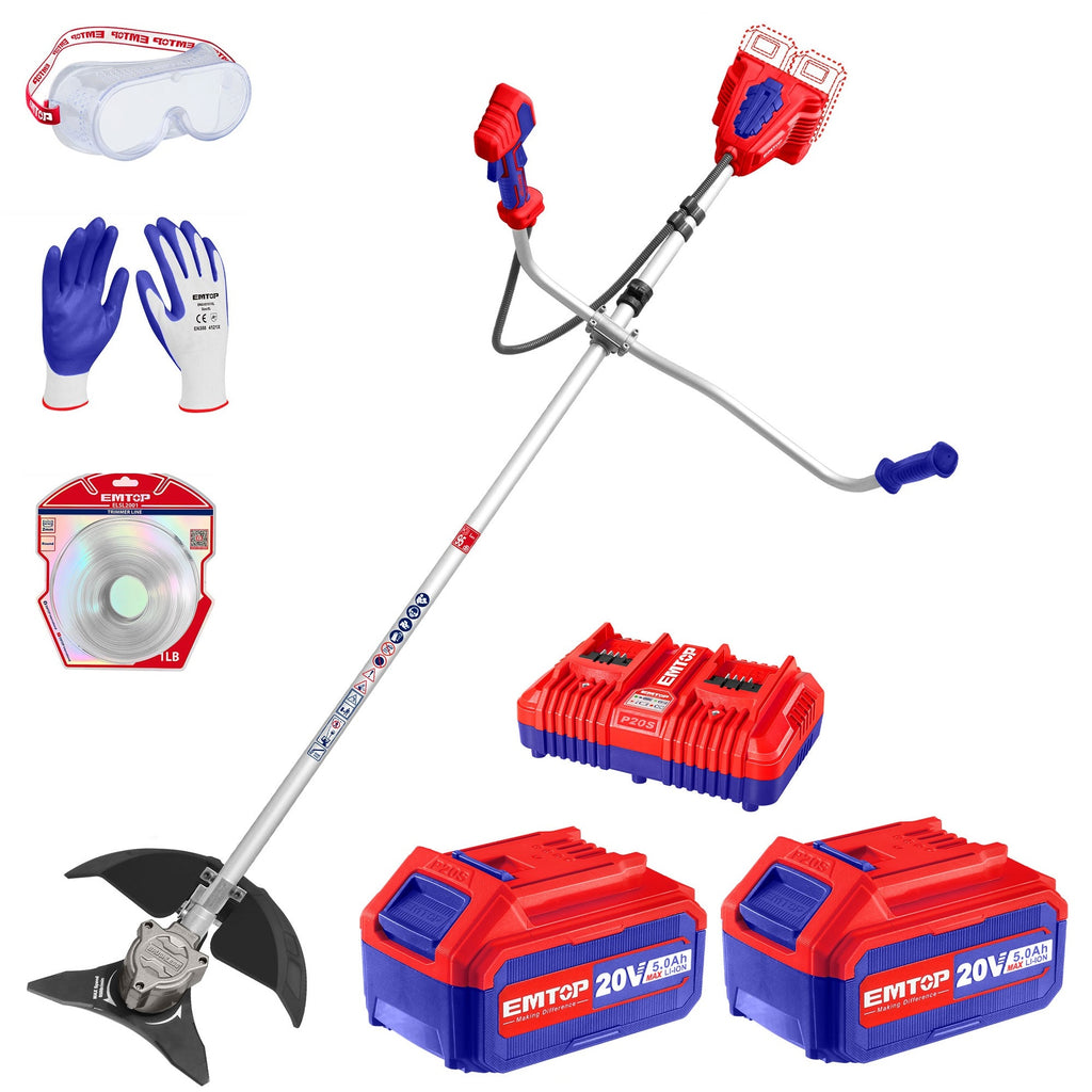 Kit débroussailleuse à batterie 40V EMTOP Brushless avec 1 chargeur double port + 2 batteries 4.0Ah