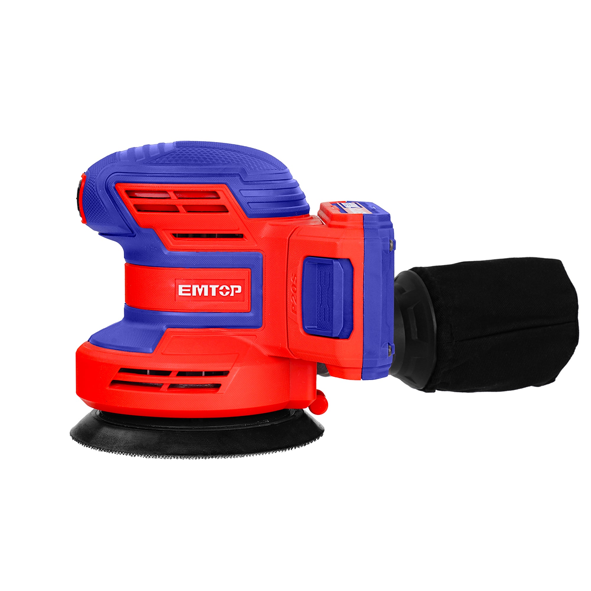 Ponceuse excentrique sans fil EMTOP 20V batterie et chargeur vendus séparément avec 5 abrasifs