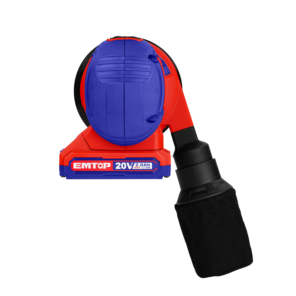 Ponceuse excentrique sans fil EMTOP 20V batterie et chargeur vendus séparément avec 5 abrasifs