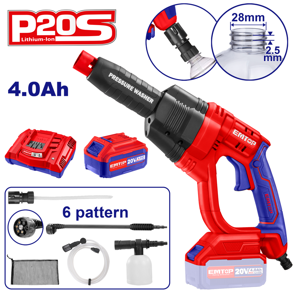 Nettoyeur haute pression sans fil 20V EMTOP Pression 24.8 bars avec 1 chargeur + 1 batterie 4.0Ah + accessoires