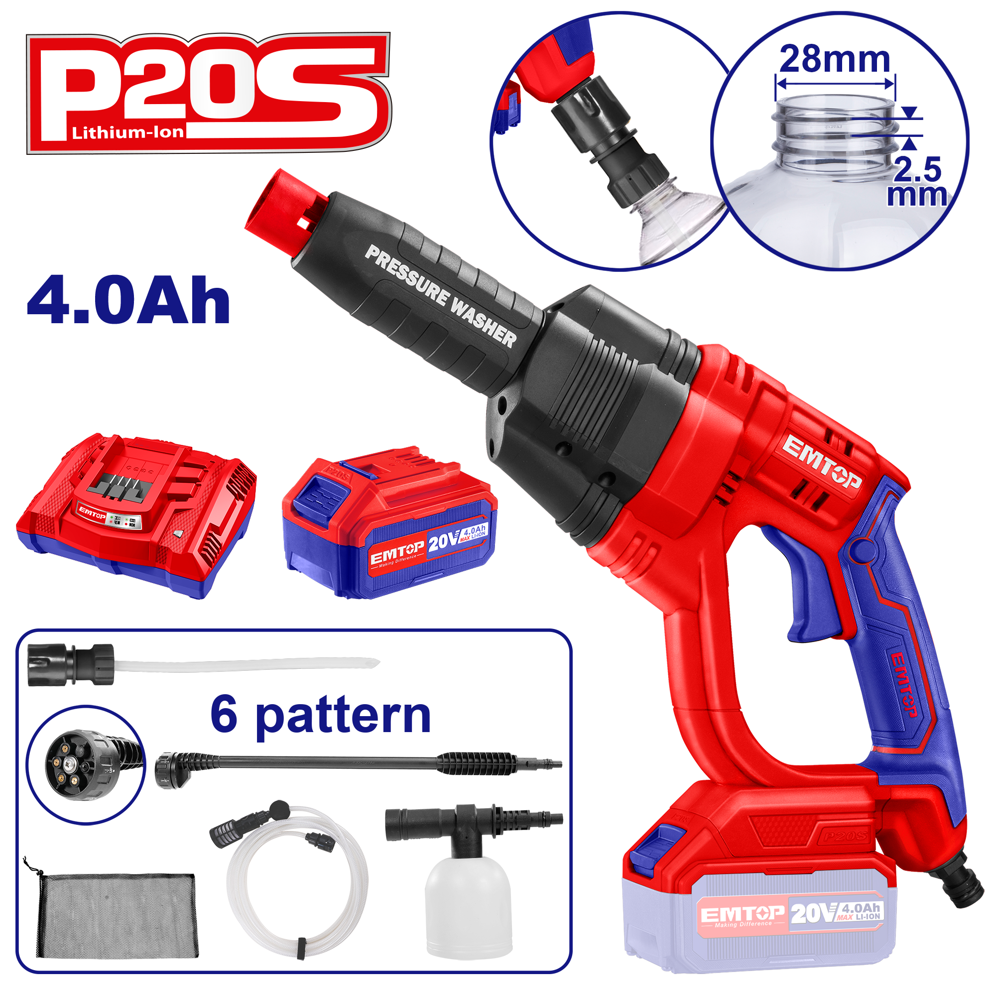 Nettoyeur haute pression sans fil 20V EMTOP Pression 24.8 bars avec 1 chargeur + 1 batterie 4.0Ah + accessoires