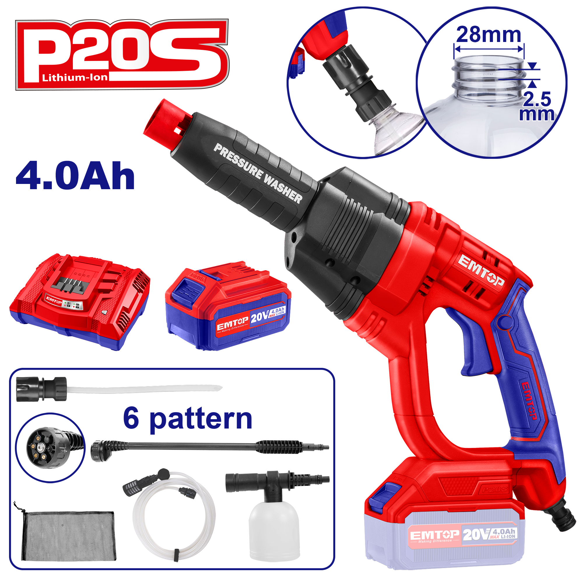 Nettoyeur haute pression sans fil 20V EMTOP Pression 24.8 bars avec 1 chargeur + 1 batterie 4.0Ah + accessoires
