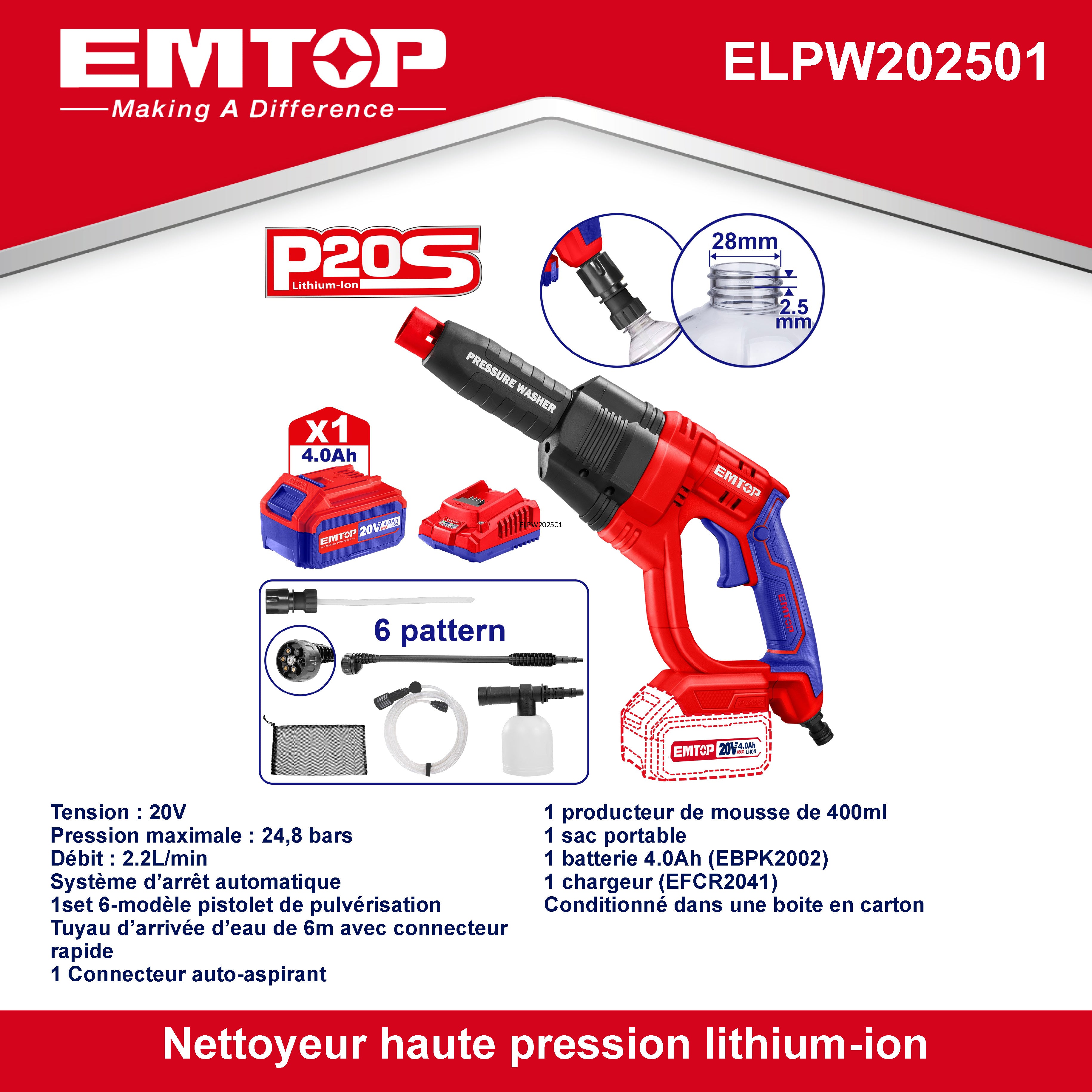 Nettoyeur haute pression sans fil 20V EMTOP Pression 24.8 bars avec 1 chargeur + 1 batterie 4.0Ah + accessoires