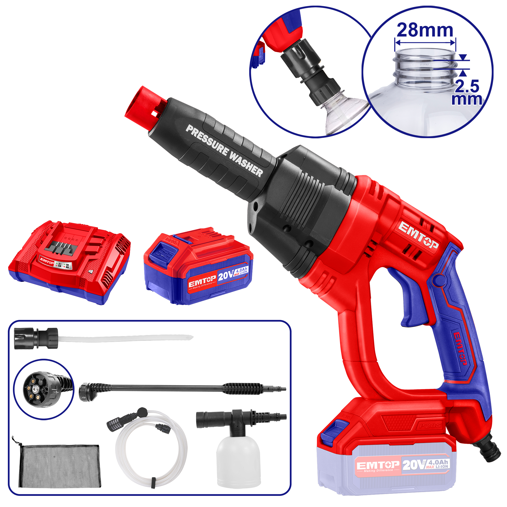 Nettoyeur haute pression sans fil 20V EMTOP Pression 24.8 bars avec 1 chargeur + 1 batterie 4.0Ah + accessoires