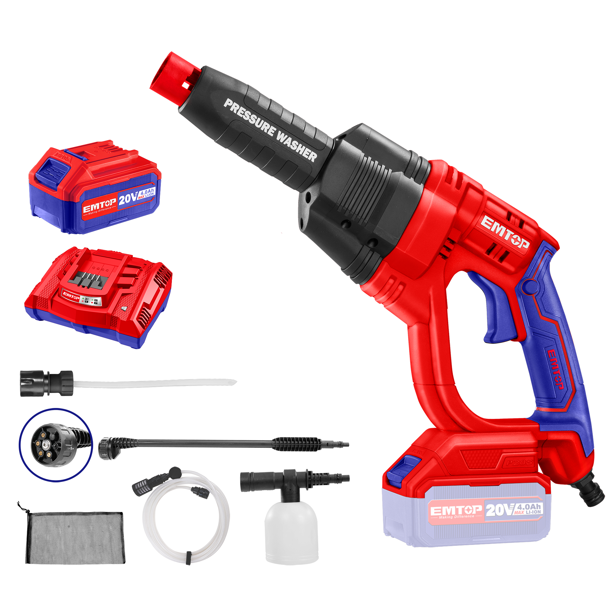 Nettoyeur haute pression sans fil 20V EMTOP Pression 24.8 bars avec 1 chargeur + 1 batterie 4.0Ah + accessoires