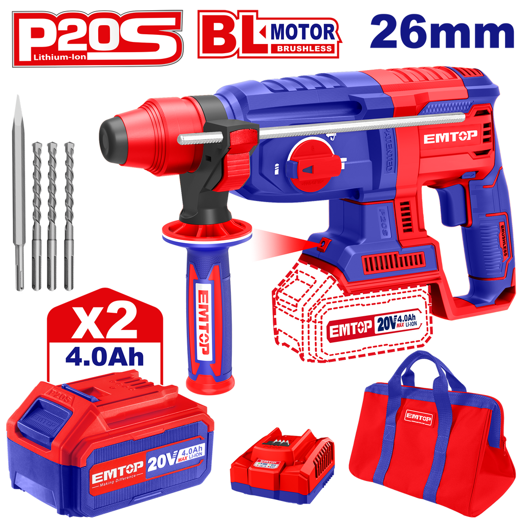 Marteau Perforateur Burineur Sans Fil 26mm SDS-Plus 20V EMTOP 1 chargeur + 2 Batteries 4.0Ah
