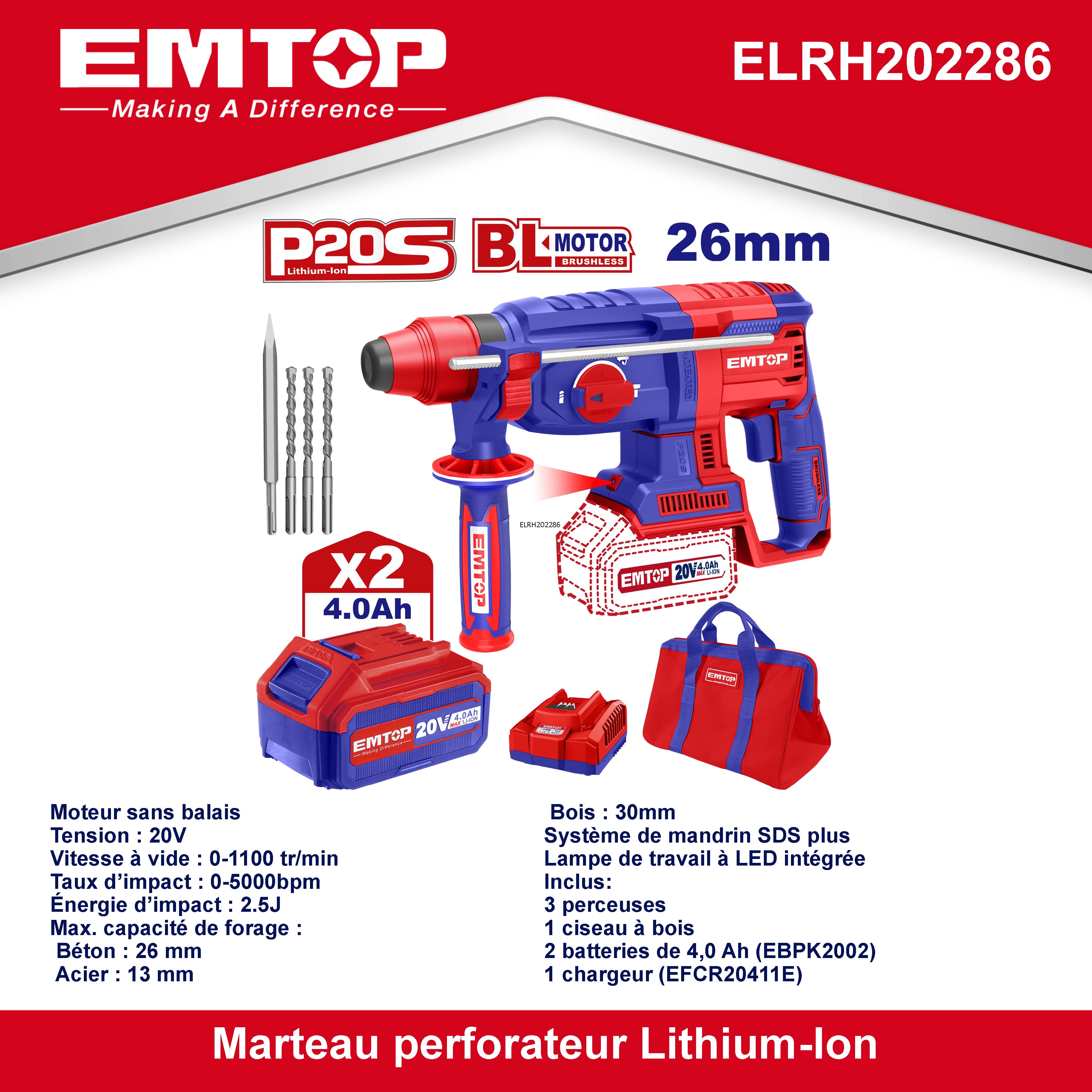Marteau Perforateur Burineur Sans Fil 26mm SDS-Plus 20V EMTOP 1 chargeur + 2 Batteries 4.0Ah