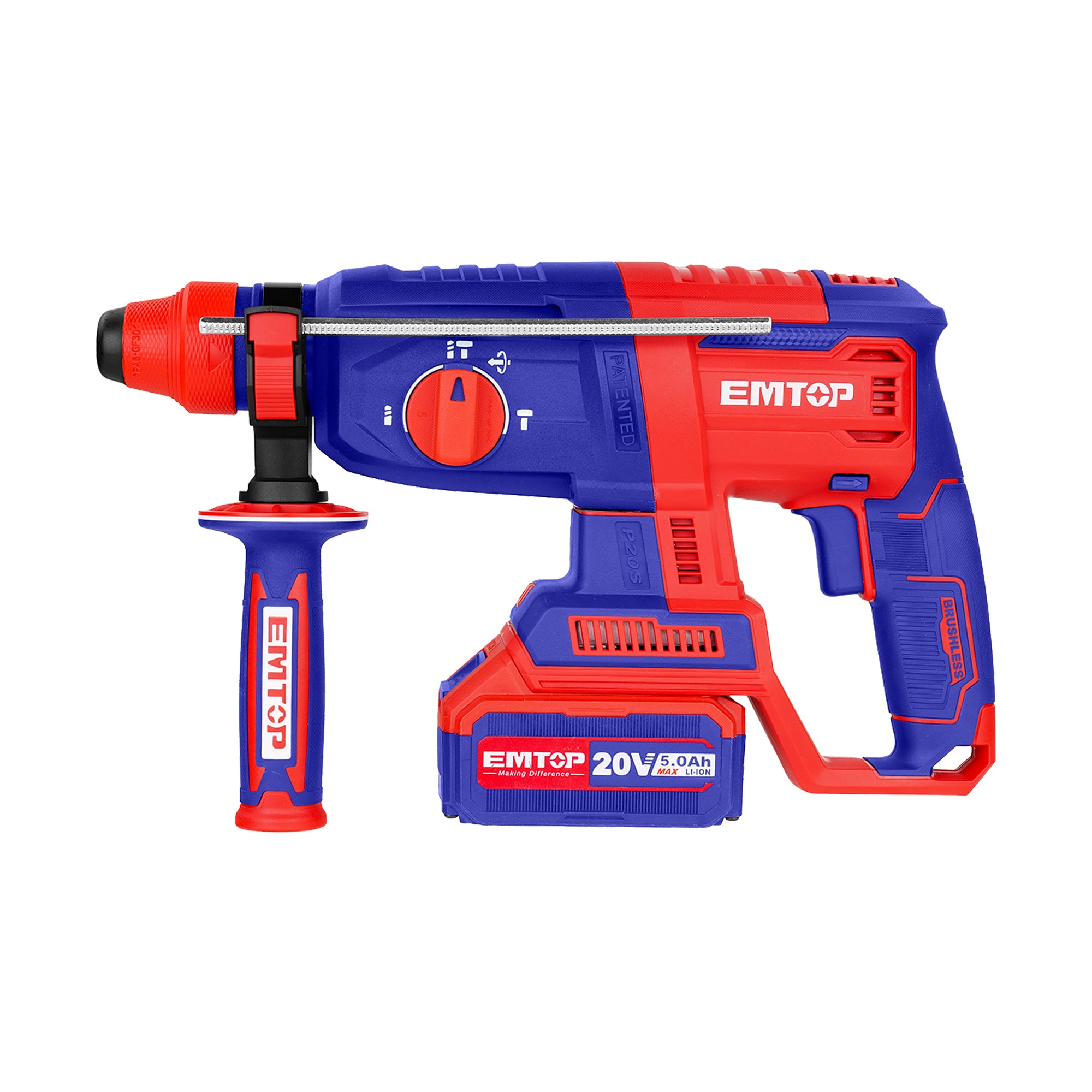 Marteau perforateur Burineur 26mm SDS-Plus sans fil EMTOP 20V avec 1 chargeur + 2 batteries 4.0Ah