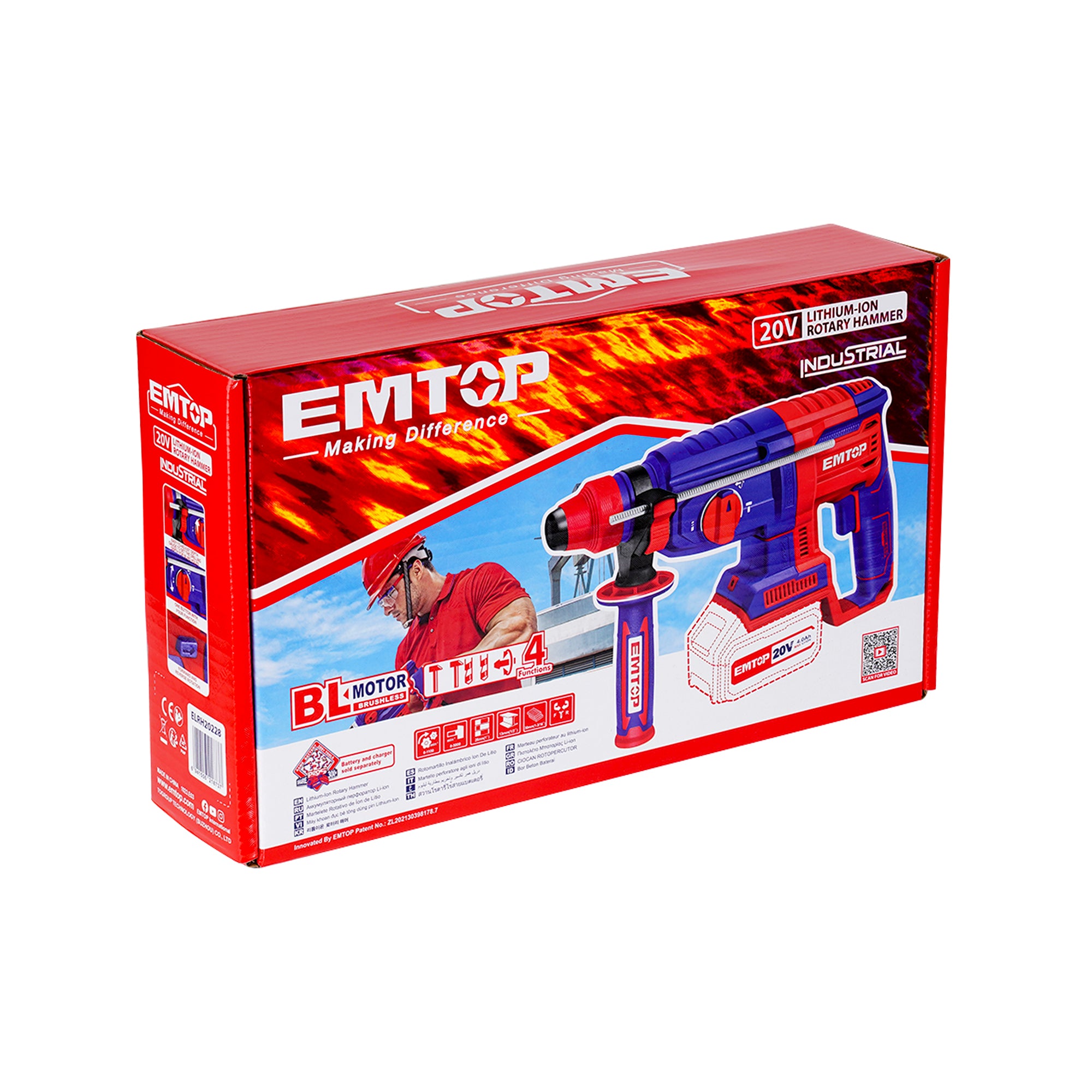 Marteau perforateur Burineur 26mm SDS-Plus sans fil EMTOP 20V Batterie et chargeur vendus séparément