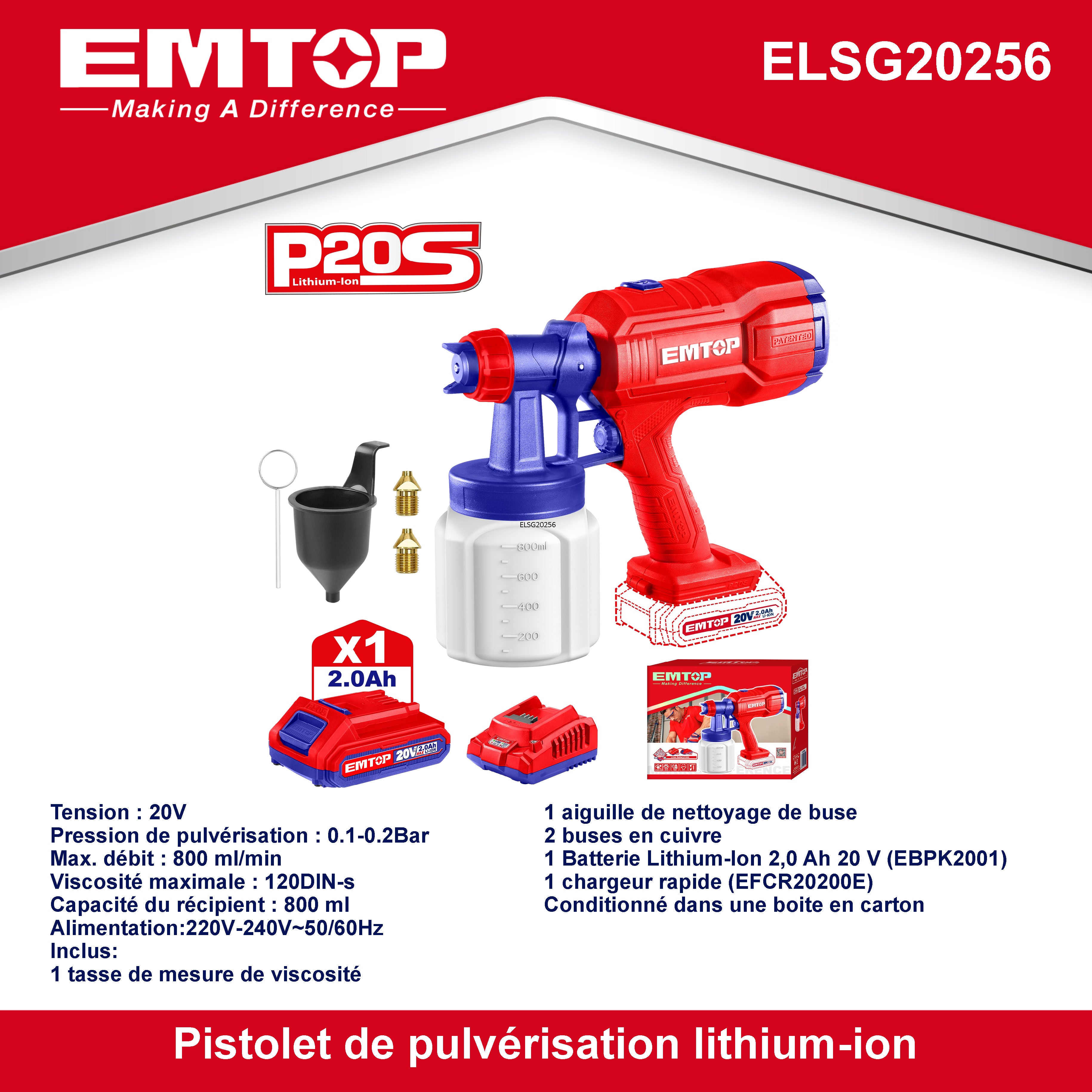 Pistolet à peinture sans fil 20V Pulvérisateur électrique 800ml EMTOP avec 1 Batterie 2.0Ah + Chargeur