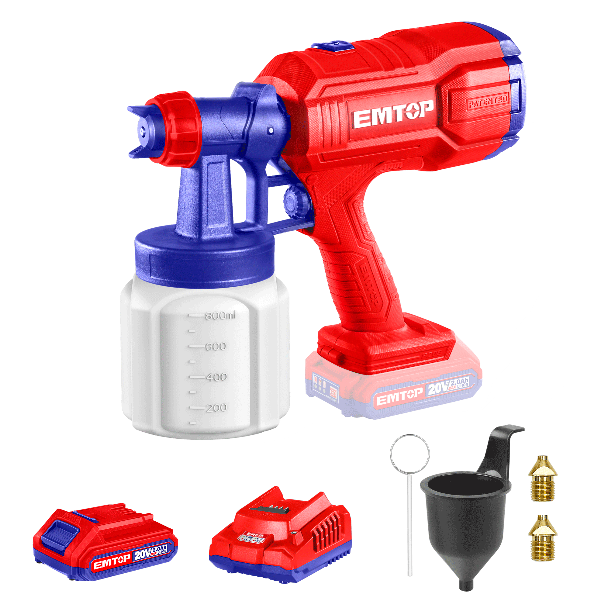 Pistolet à peinture sans fil 20V Pulvérisateur électrique 800ml EMTOP avec 1 Batterie 2.0Ah + Chargeur