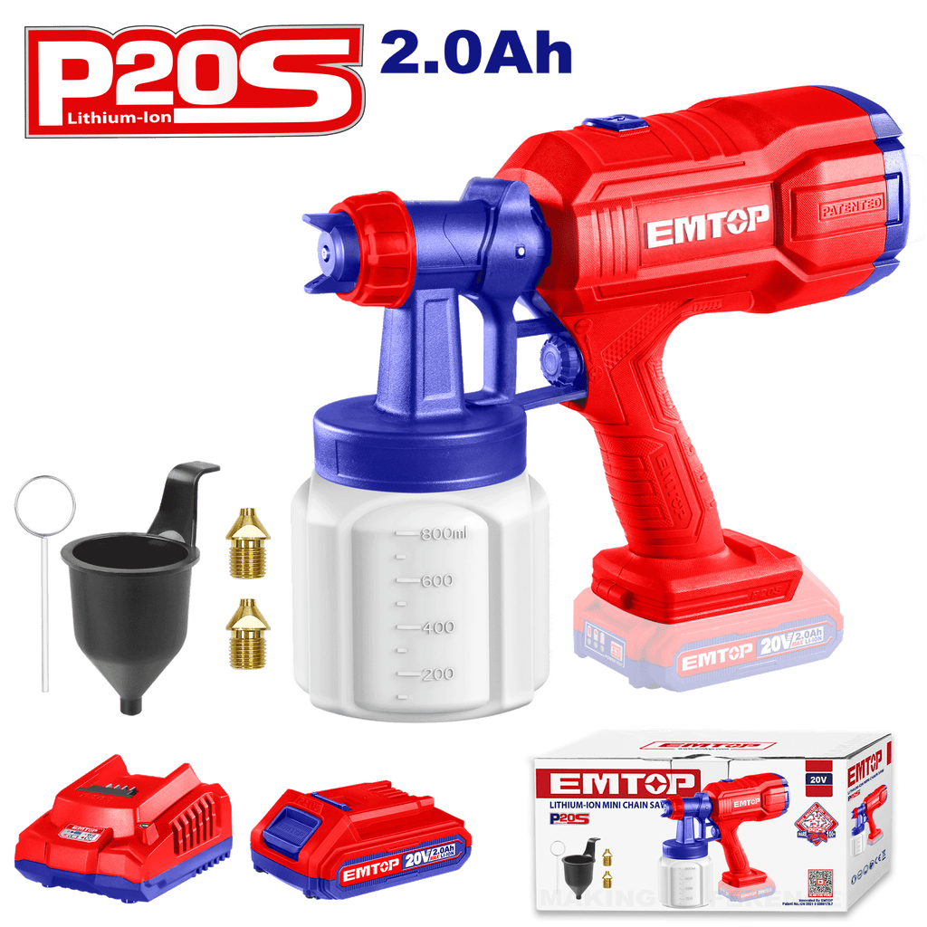 Pistolet à peinture sans fil 20V Pulvérisateur électrique 800ml EMTOP avec 1 Batterie 2.0Ah + Chargeur