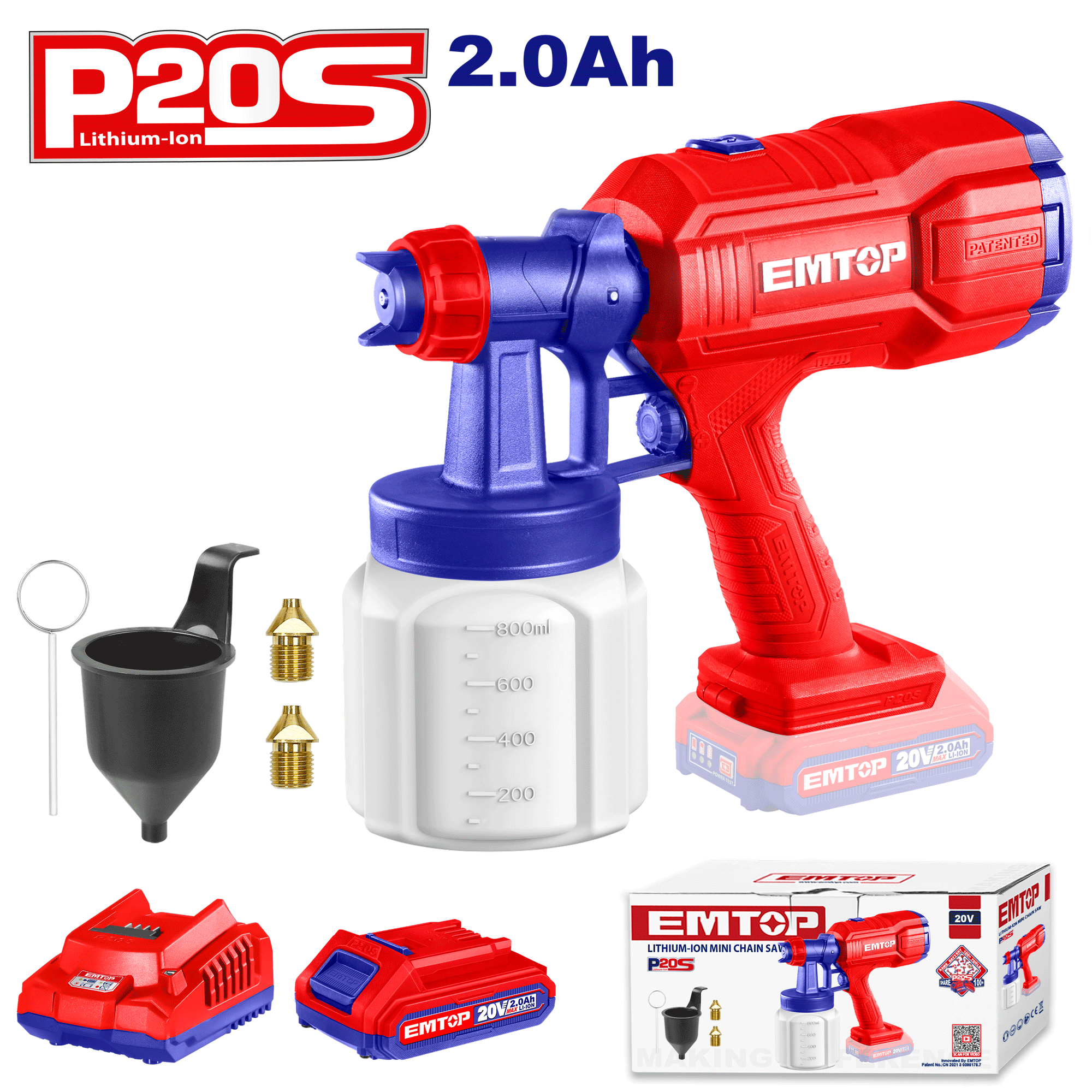 Pistolet à peinture sans fil 20V Pulvérisateur électrique 800ml EMTOP avec 1 Batterie 2.0Ah + Chargeur