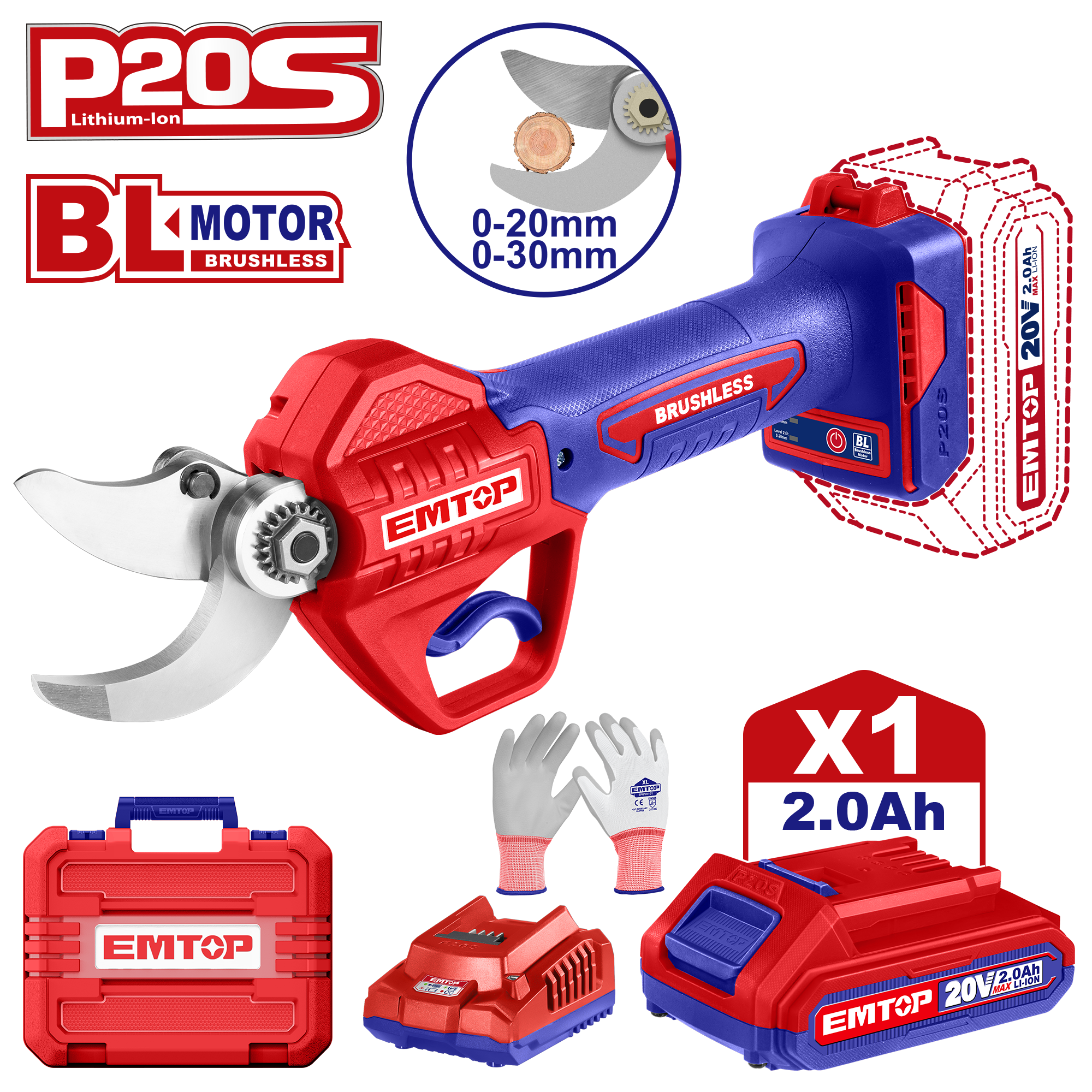 Sécateur sur batterie Coupe branches sans fil 20V EMTOP 1 chargeur + 1 batterie 2.0Ah