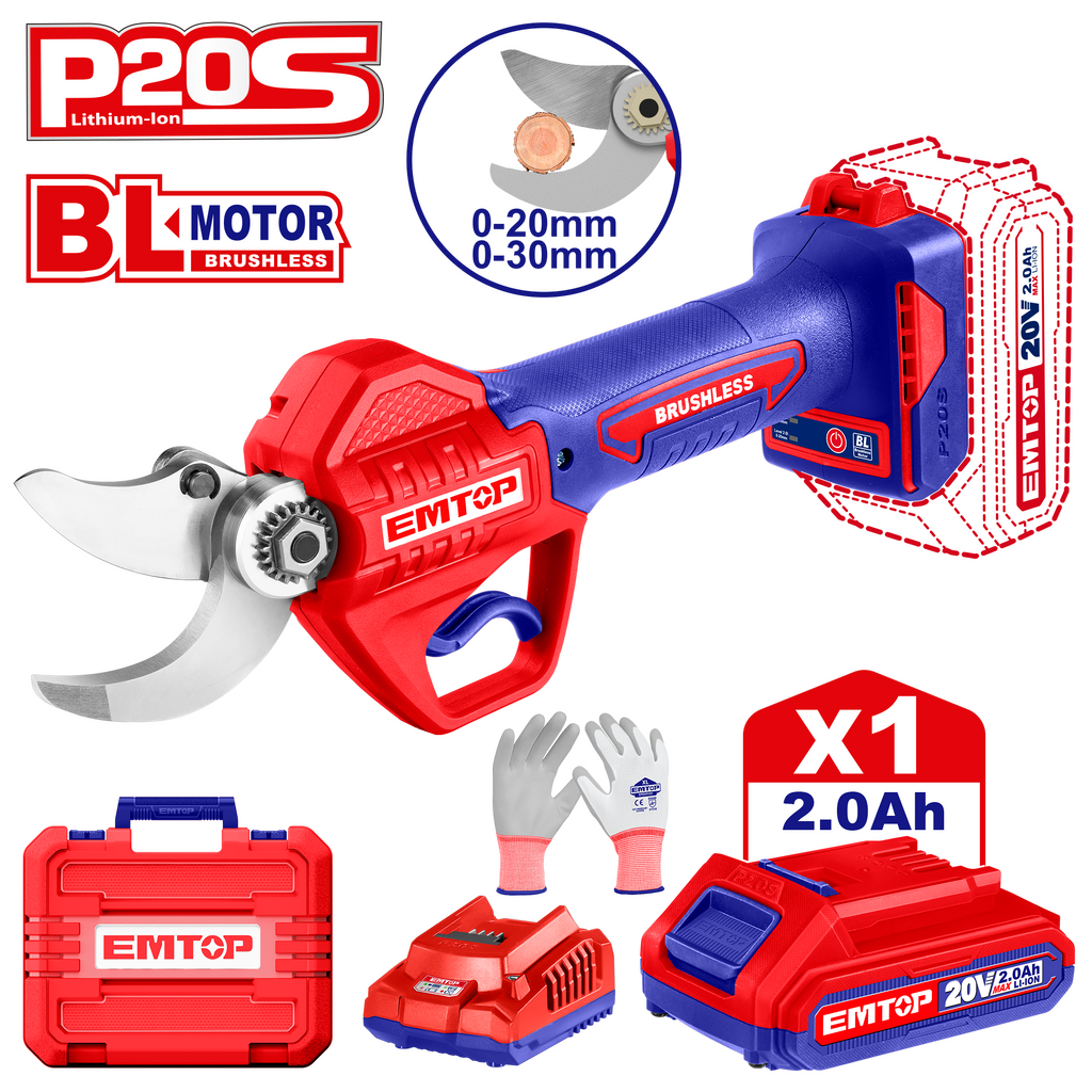 Sécateur sur batterie Coupe branches sans fil 20V EMTOP 1 chargeur + 1 batterie 2.0Ah