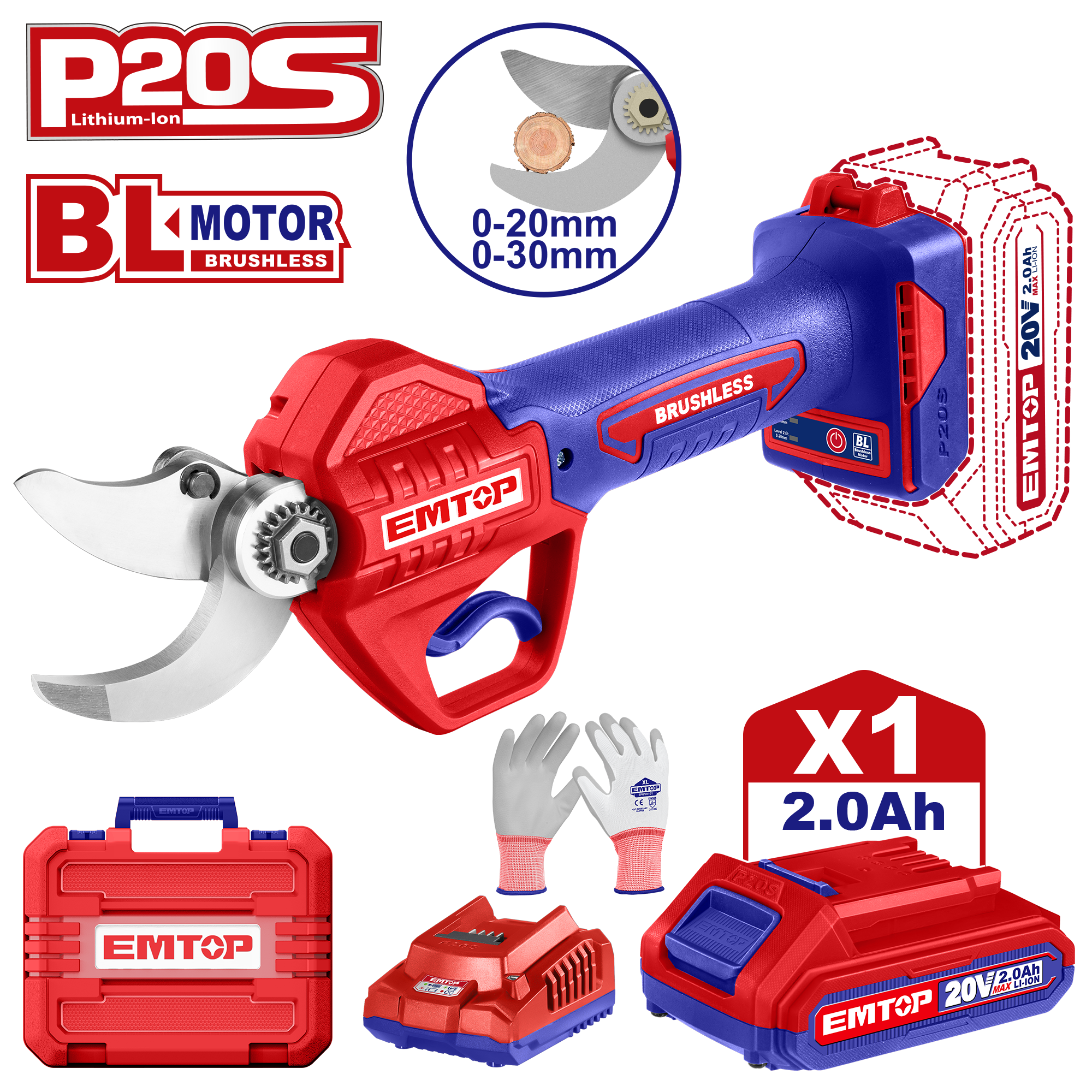 Sécateur sur batterie Coupe branches sans fil 20V EMTOP 1 chargeur + 1 batterie 2.0Ah