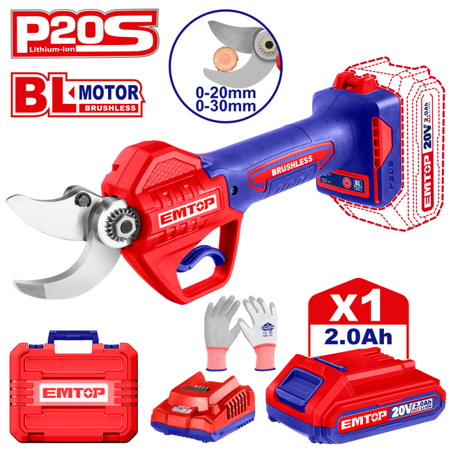 Sécateur sur batterie Coupe branches sans fil 20V EMTOP 1 chargeur + 1 batterie 2.0Ah Main Image