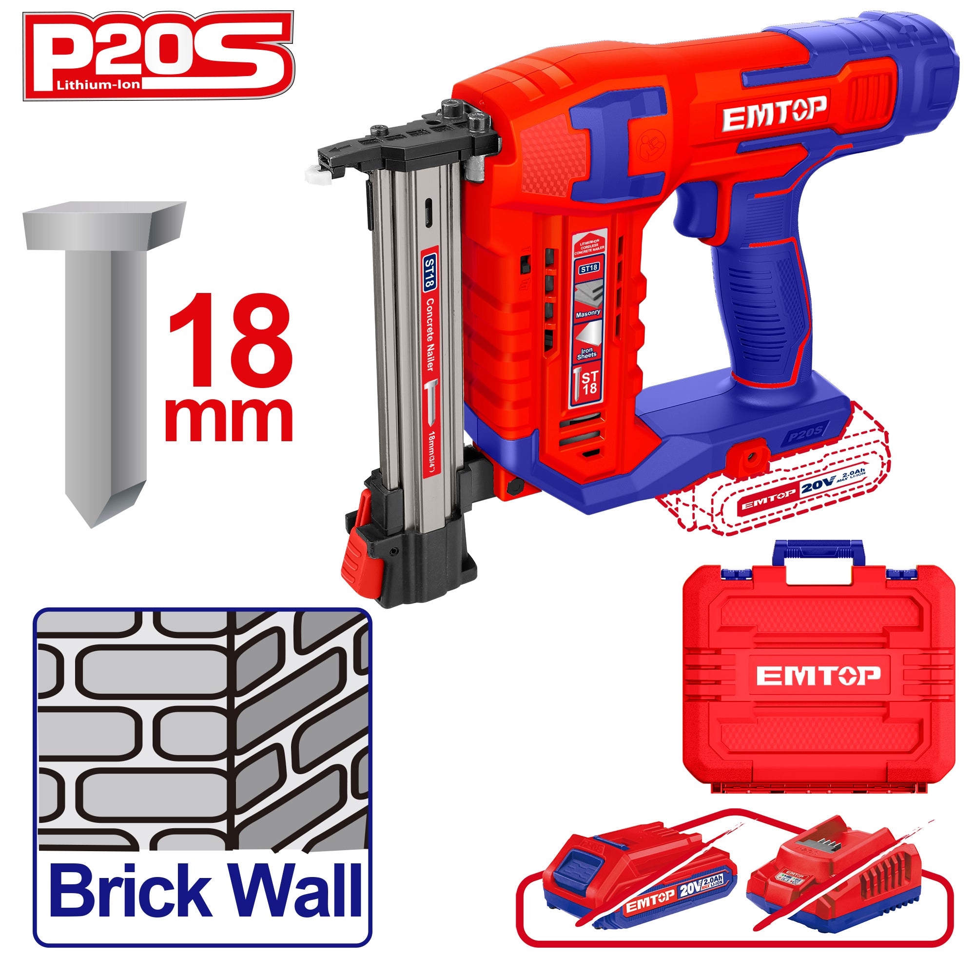 Cloueur béton et acier à batterie EMTOP 20V batterie et chargeur vendus séparément avec 200 clous en béton 18mm, 1 buse d'air, 1 goupille