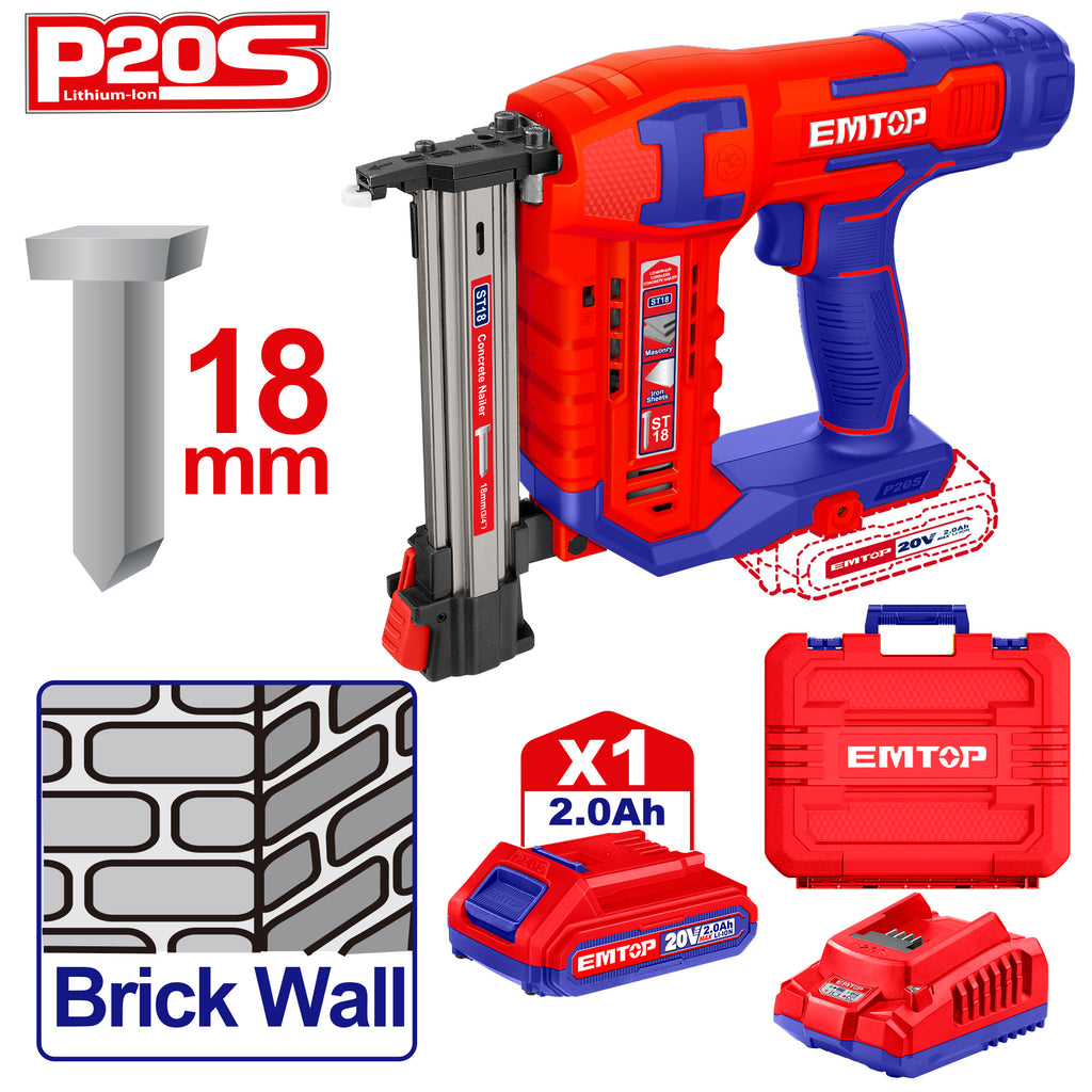Agrafeuse et cloueur de finition béton et acier 18mm à batterie 20V EMTOP 1 batterie 2.0Ah + chargeur