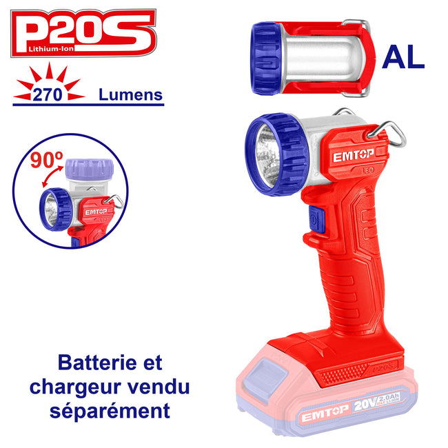 Lampe Torche de Chantier LED 20V 5W, Tête Pivotante à 90°, 270 lm – EMTOP – Batterie et chargeur vendus séparément Hover Image
