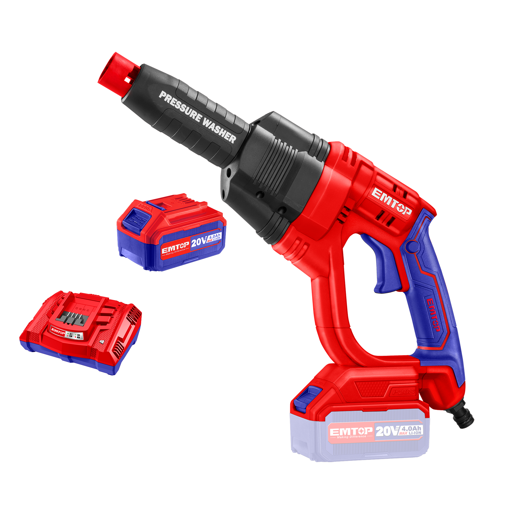 Nettoyeur haute pression sans fil 20V EMTOP Pression 24.8 bars avec 1 chargeur + 1 batterie 4.0Ah + accessoires