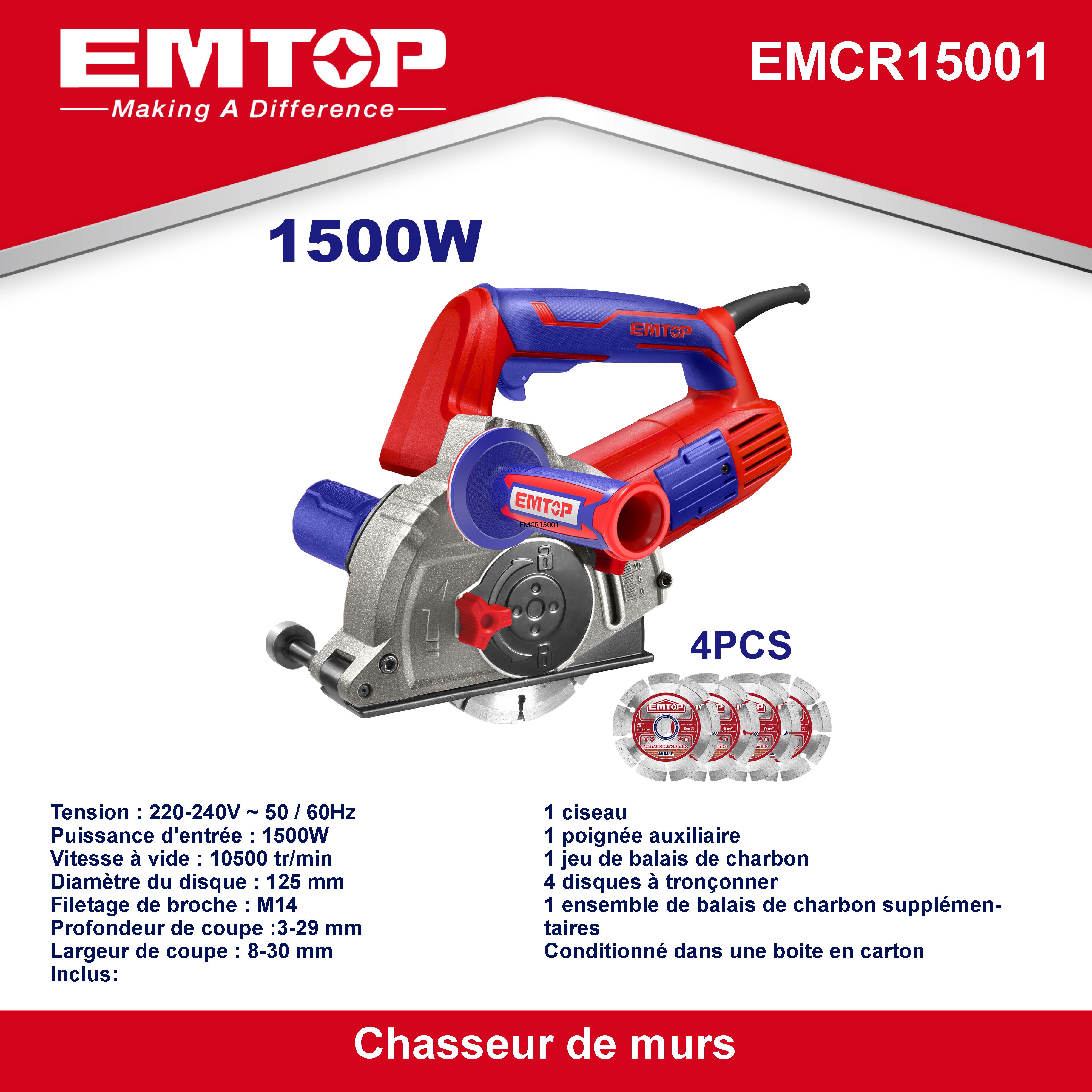 Rainureuse à béton 125mm filaire 1500W EMTOP