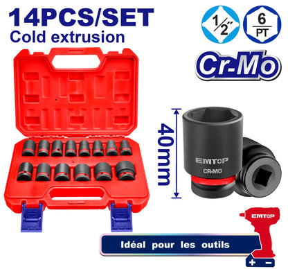 14 Pcs 1/2"DR. Jeu de douilles à chocs EMSSD12141 EMTOP