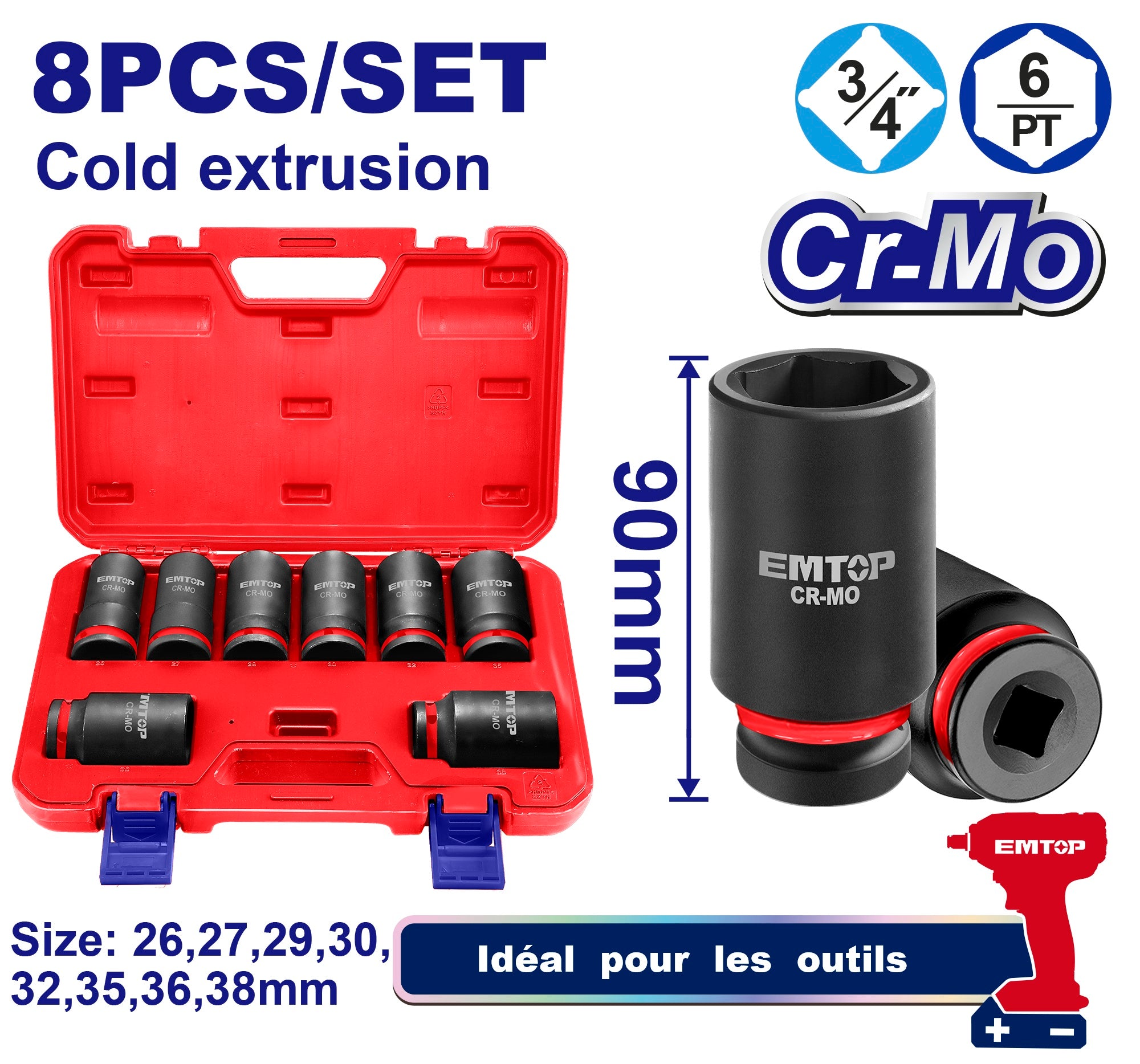 3/4" Jeu de douilles à chocs profonds 8 Pièces Acier Cr-Mo EMTOP