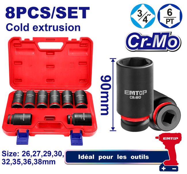 3/4" Jeu de douilles à chocs profonds 8 Pièces Acier Cr-Mo EMTOP Hover Image