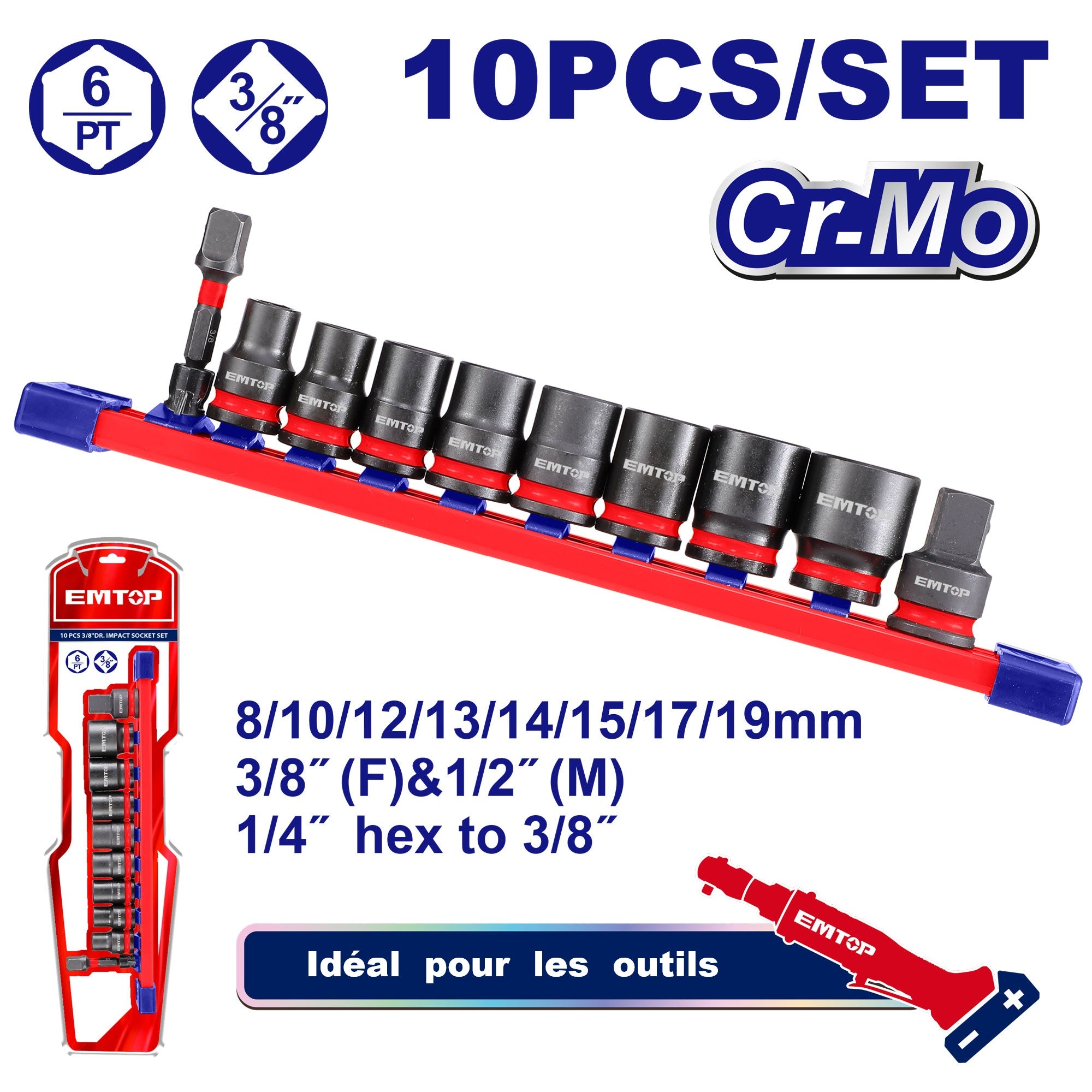 3/8" Jeu de douilles spiralées à chocs 10 Pièces Acier Cr-Mo EMTOP