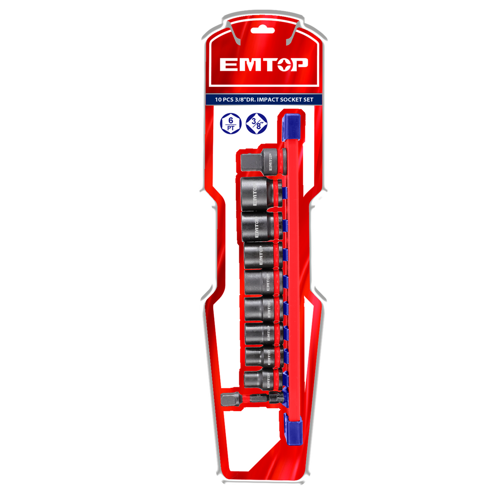 3/8" Jeu de douilles spiralées à chocs 10 Pièces Acier Cr-Mo EMTOP