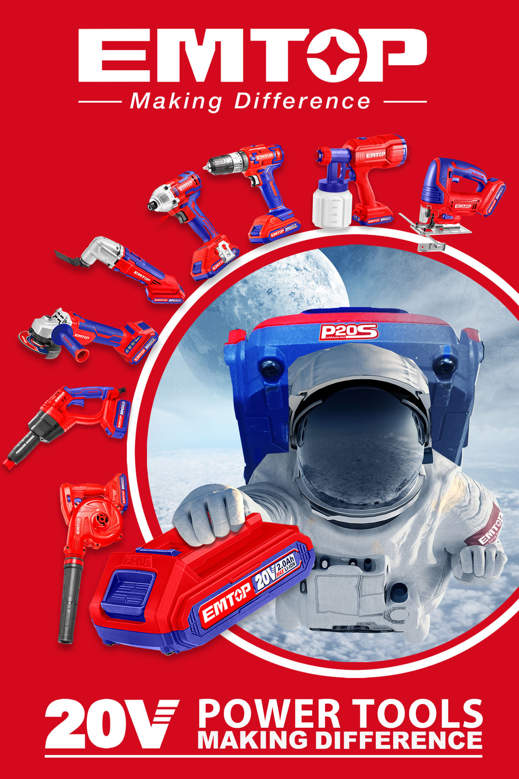 Nettoyeur haute pression sans fil 20V EMTOP Pression 24.8 bars avec 1 chargeur + 1 batterie 4.0Ah + accessoires