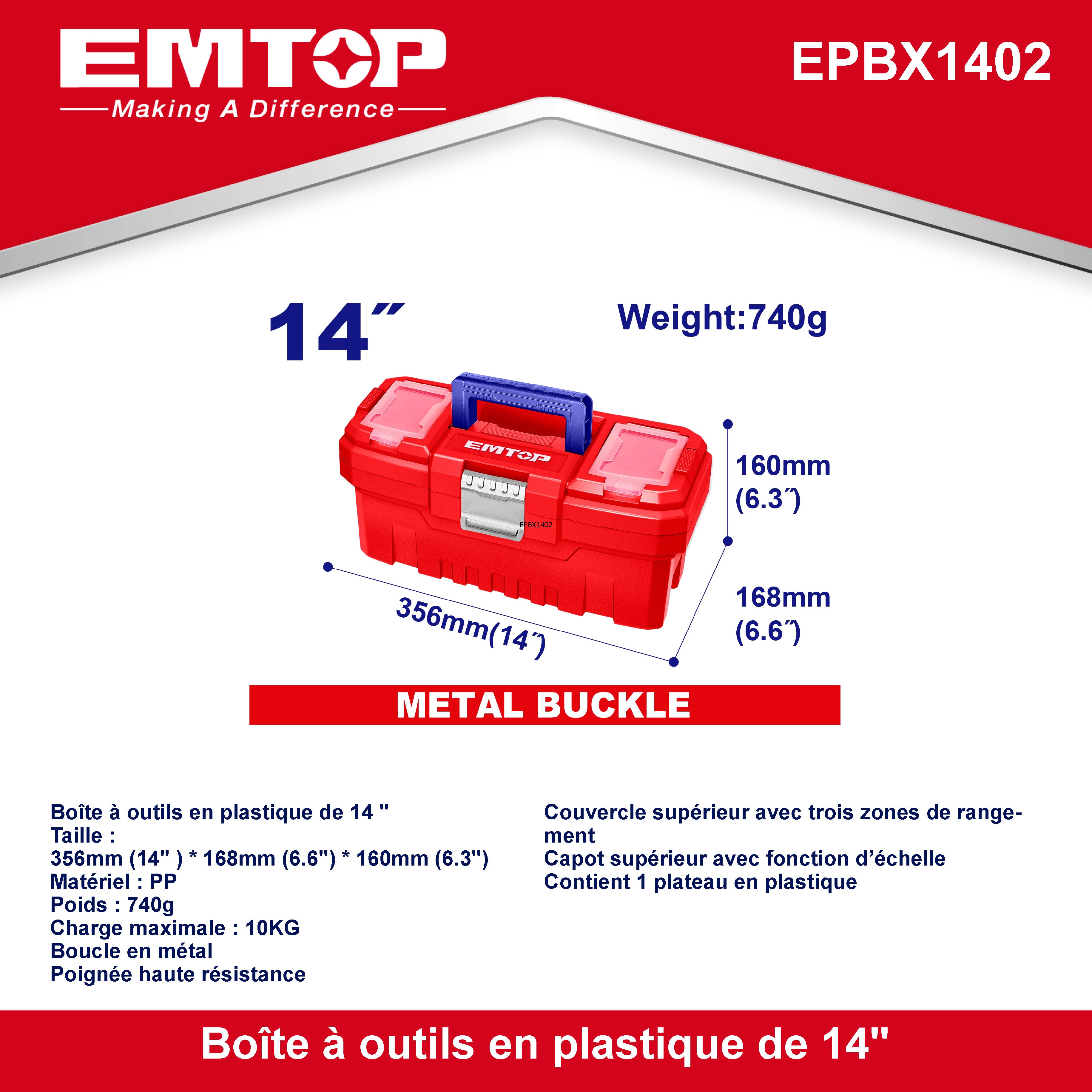 Boîte à outils en plastique EMTOP 14" Charge maximale 10Kg Boucle en métal Poignée haute résistance Couvercle supérieur avec trois zones de rangement Contient 1 plateau en plastique
