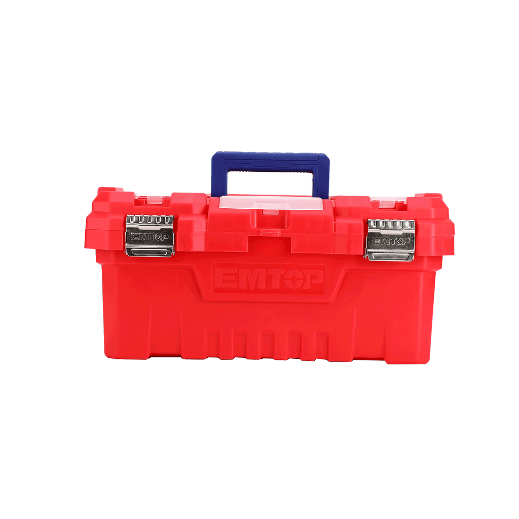 Boîte à outils en plastique EMTOP 14" Charge maximale 10Kg Boucle en métal Poignée haute résistance Couvercle supérieur avec trois zones de rangement Contient 1 plateau en plastique