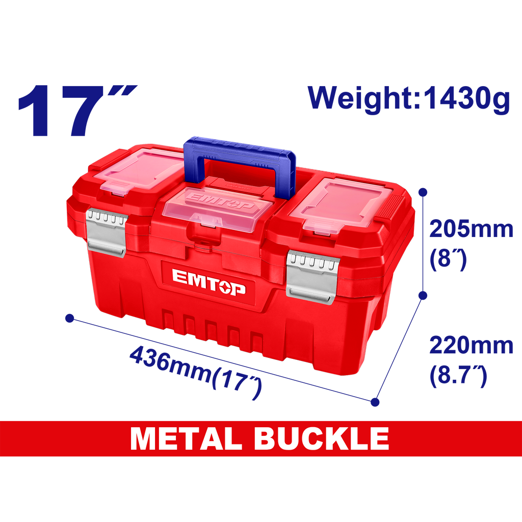 Boîte à outils en plastique EMTOP 17" Charge maximale 15Kg Boucle en métal Poignée haute résistance Couvercle supérieur avec trois zones de rangement Contient 1 plateau en plastique