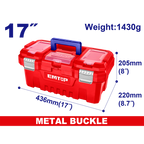 Boîte à outils en plastique EMTOP 17" Charge maximale 15Kg Boucle en métal Poignée haute résistance Couvercle supérieur avec trois zones de rangement Contient 1 plateau en plastique