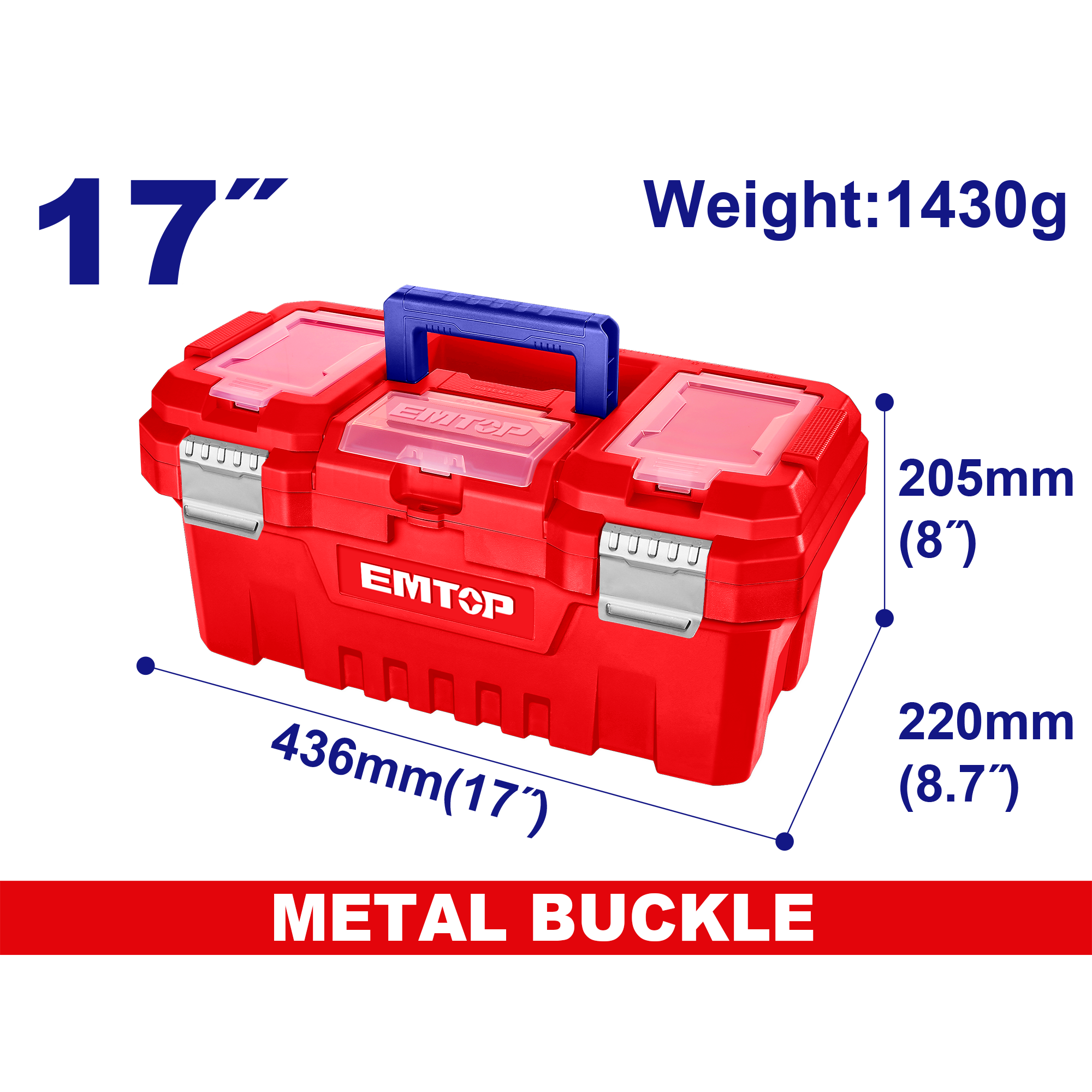 Boîte à outils en plastique EMTOP 17" Charge maximale 15Kg Boucle en métal Poignée haute résistance Couvercle supérieur avec trois zones de rangement Contient 1 plateau en plastique