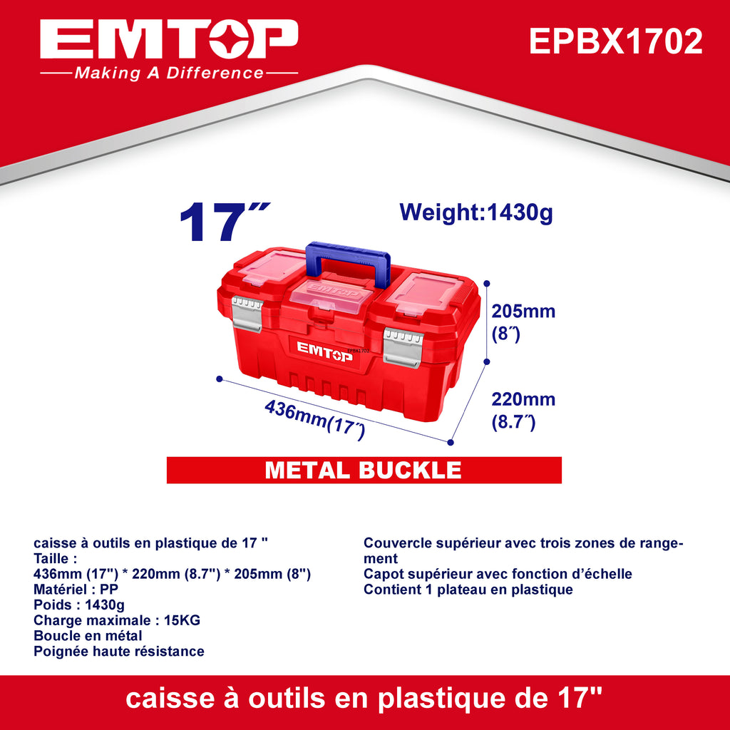 Boîte à outils en plastique EMTOP 17" Charge maximale 15Kg Boucle en métal Poignée haute résistance Couvercle supérieur avec trois zones de rangement Contient 1 plateau en plastique