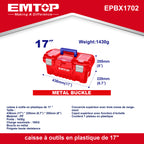 Boîte à outils en plastique EMTOP 17" Charge maximale 15Kg Boucle en métal Poignée haute résistance Couvercle supérieur avec trois zones de rangement Contient 1 plateau en plastique