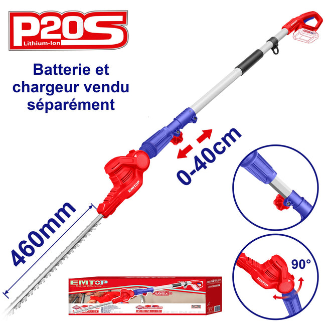 Taille-haies Télescopique Sans Fil 20V, Lame 460 mm – EMTOP – Batterie et chargeur vendus séparément Hover Image