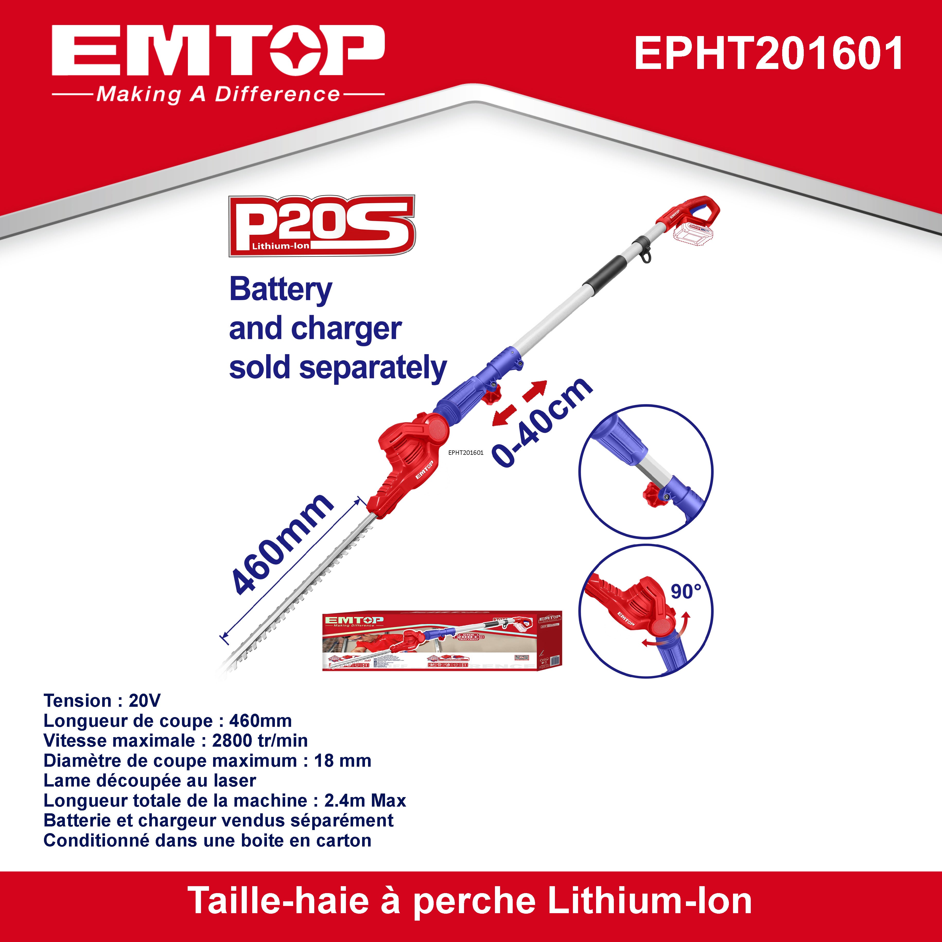 Taille-haies sur perche sans fil EMTOP 20V batterie et chargeur vendus séparément