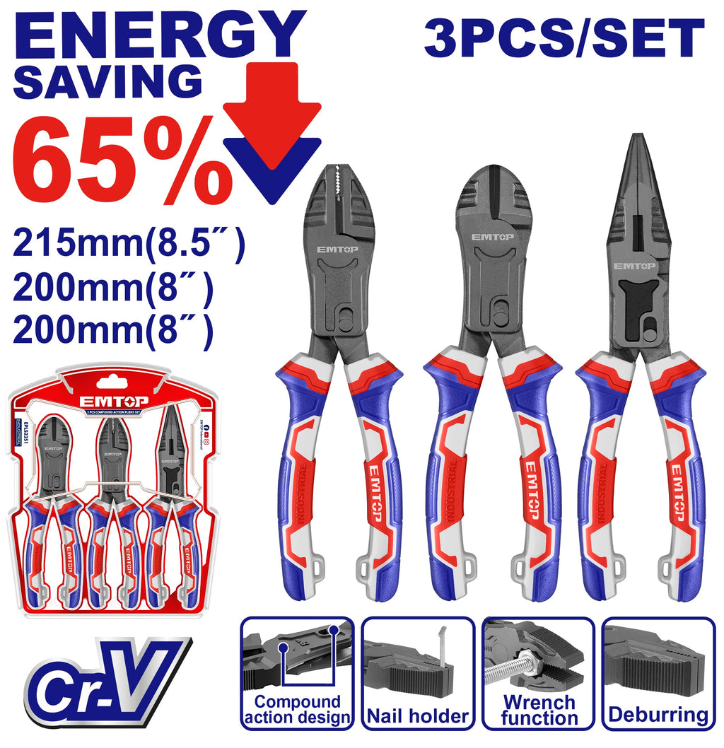 Ensemble de 3 pinces à action composée Acier Cr-V EMTOP