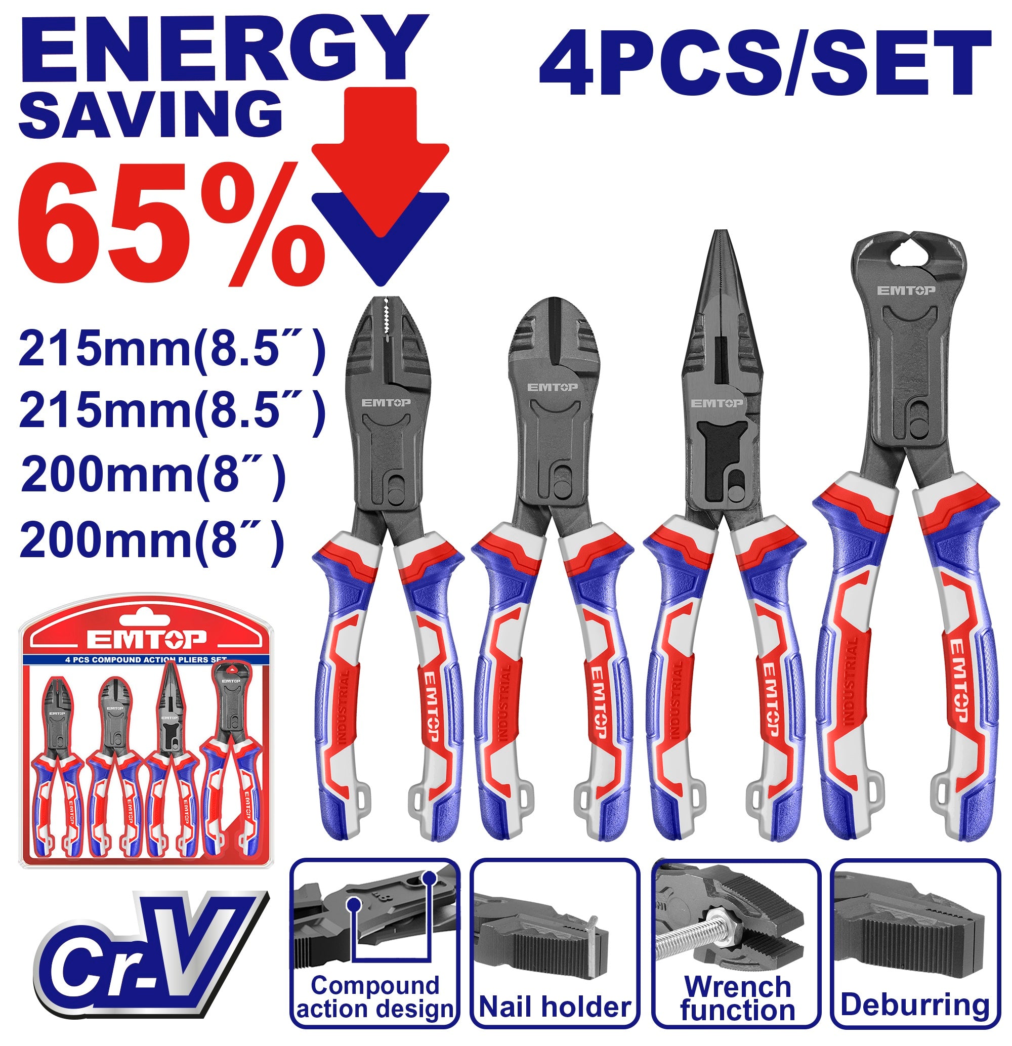 Ensemble de 4 pinces à action composée Acier Cr-V EMTOP