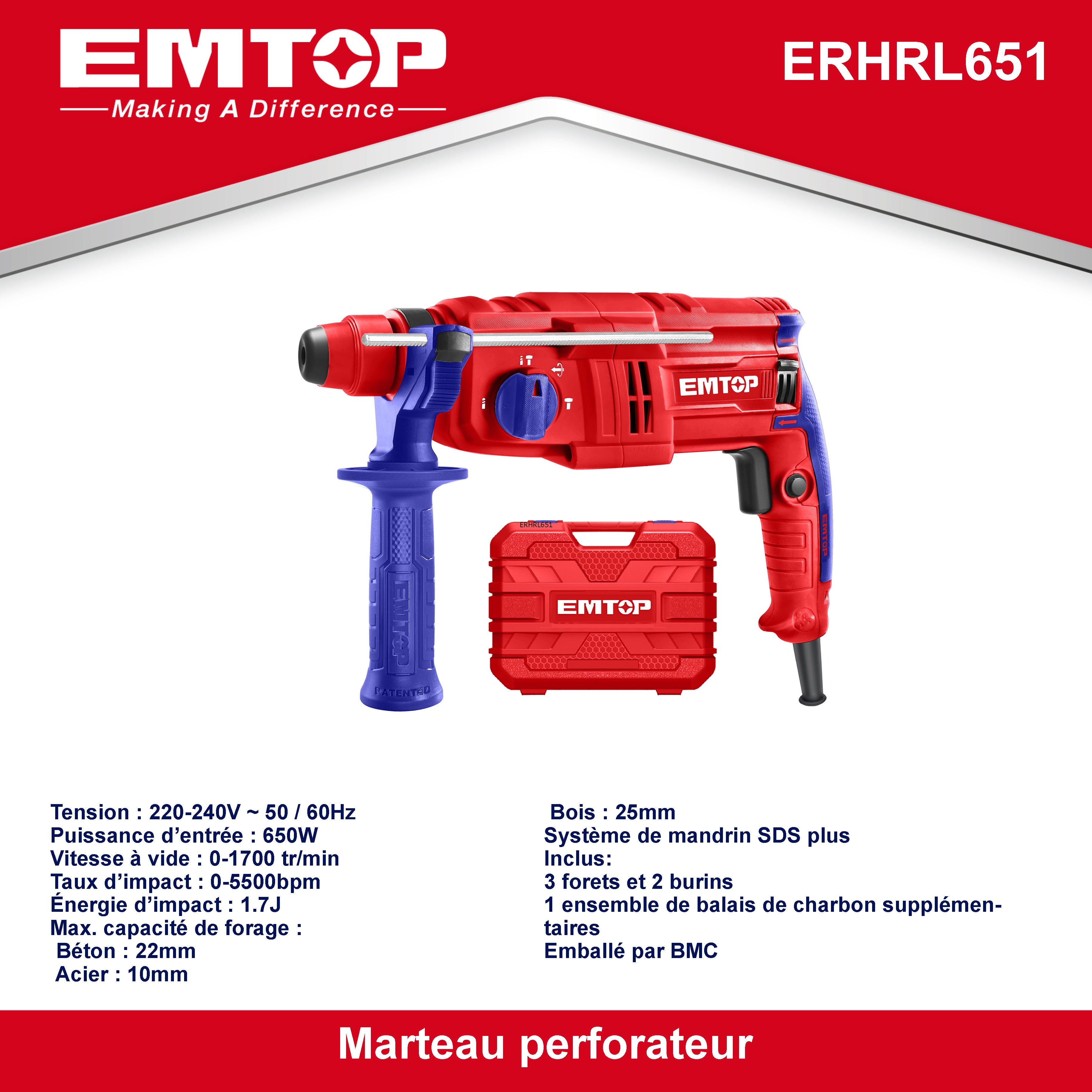 Marteau perforateur filaire 650W EMTOP Système de mandrin SDS plus avec 3 forets et 2 burins 1 ensemble de balais de charbon + Boîte en plastique