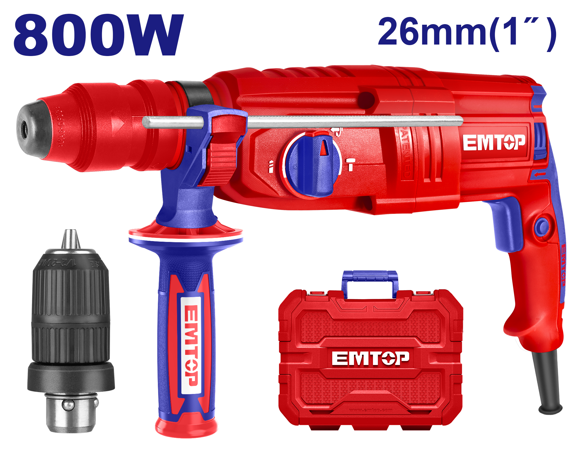 Coffret marteau perforateur rotatif SDS-Plus 26mm filaire 800W EMTOP