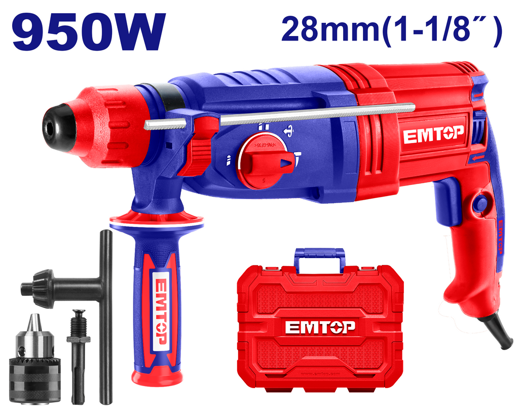 Coffret marteau perforateur rotatif SDS-Plus 28mm filaire 950W EMTOP