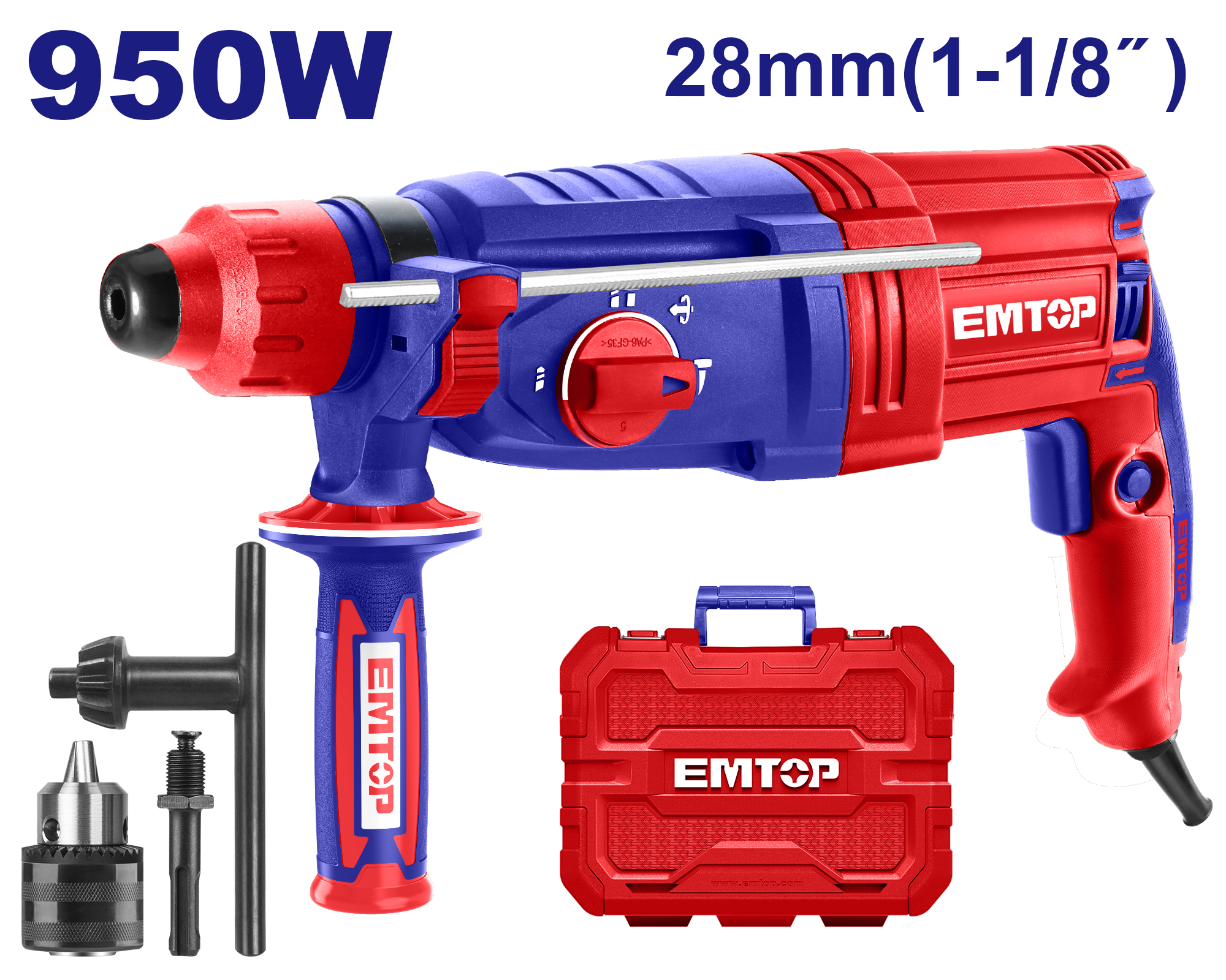 Coffret marteau perforateur rotatif SDS-Plus 28mm filaire 950W EMTOP