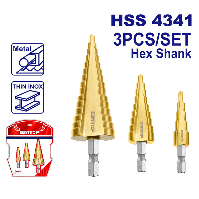 Jeu de 3 forets étagés 4-12/20/32mm HSS en acier inoxydable EMTOP Hover Image