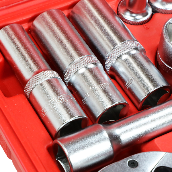 Coffret de douilles 1/2″ 21 pièces en acier Cr-V avec cliquet et accessoires – EMTOP