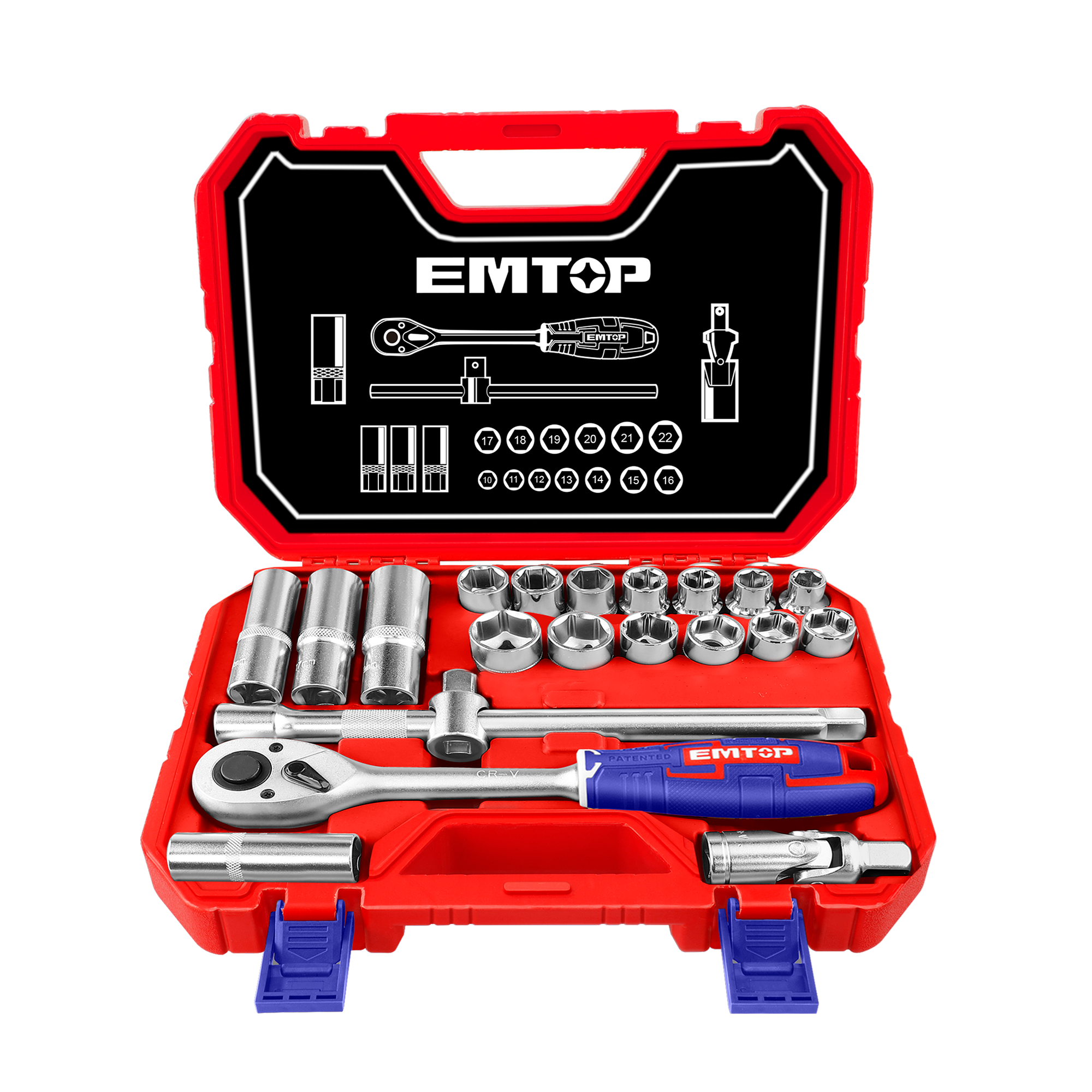 Coffret douilles et cliquet 1/2" Acier Cr-V 21 Pièces EMTOP